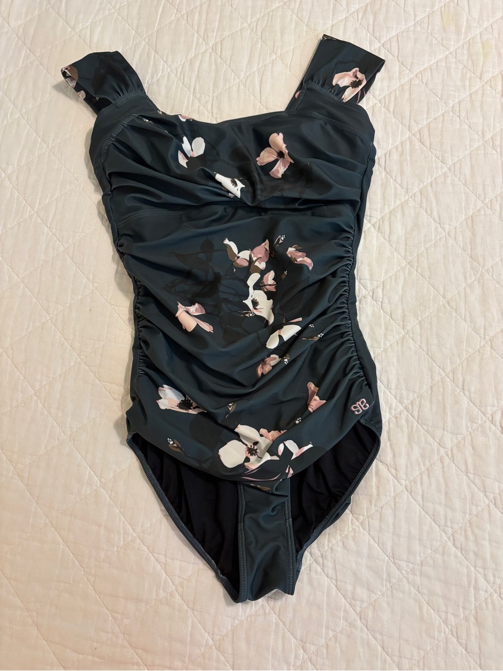 Albion Floral One-Piece Swimsuit in Dark Teal with Blush Flowers
